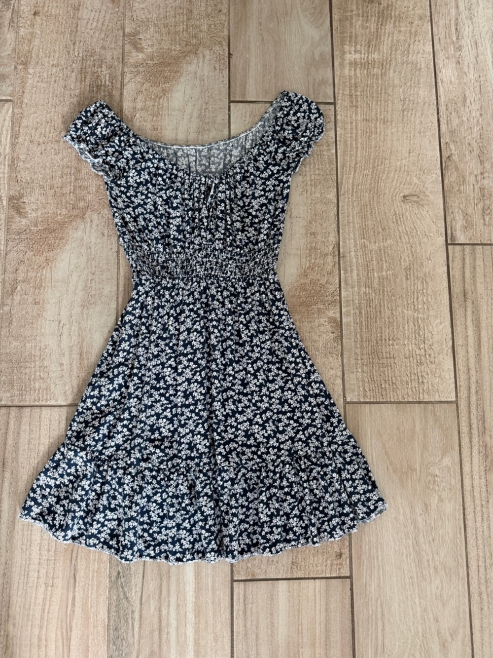 Lightweight Blue Floral Smocked Waist Short Sleeve Dress made in ITALY